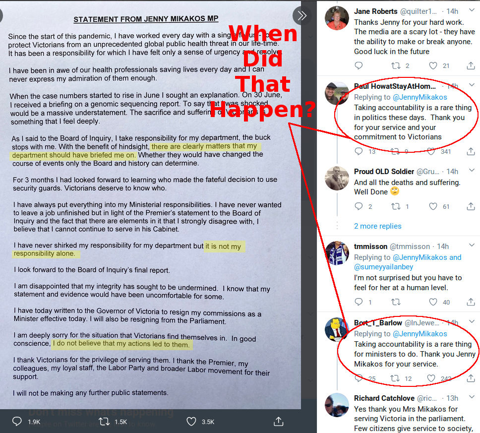 Image of Jenny Mikakos' statement on twitter where she refuses to take accountability, and a bunch of backslapping idiots lapping up her rhetoric and praising her for taking accountability.